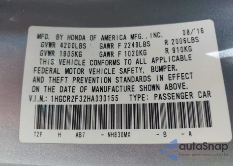 2017 Honda Accord Lx из США, поврежденный, VIN 1HGCR2F32HA030155